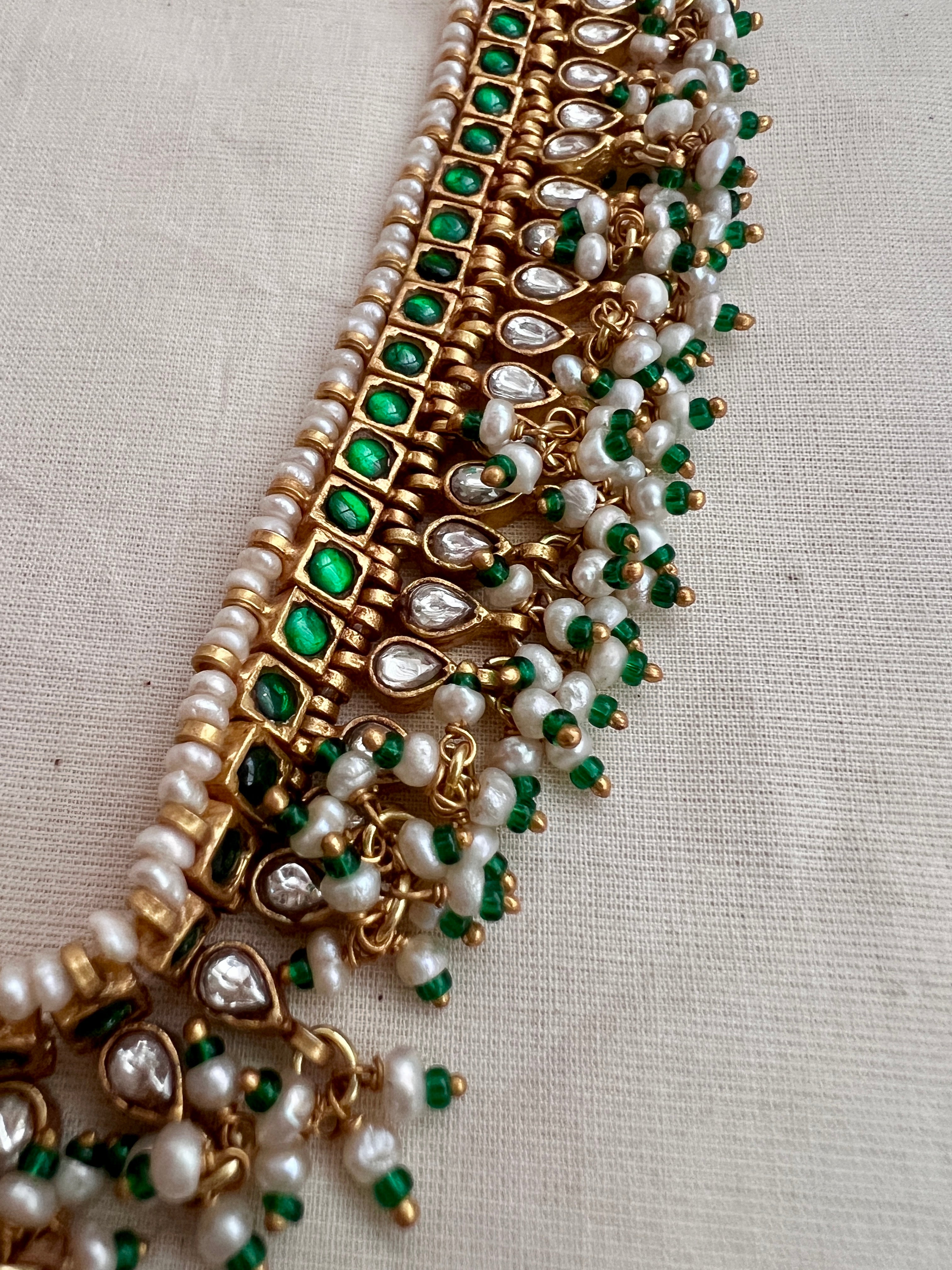 Gold polish kundan & emerald choker with pearls and green onyx beads-Silver Neckpiece-CI-House of Taamara