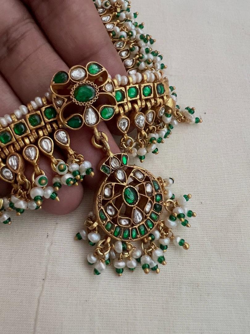 Gold polish kundan & emerald choker with pearls and green onyx beads-Silver Neckpiece-CI-House of Taamara