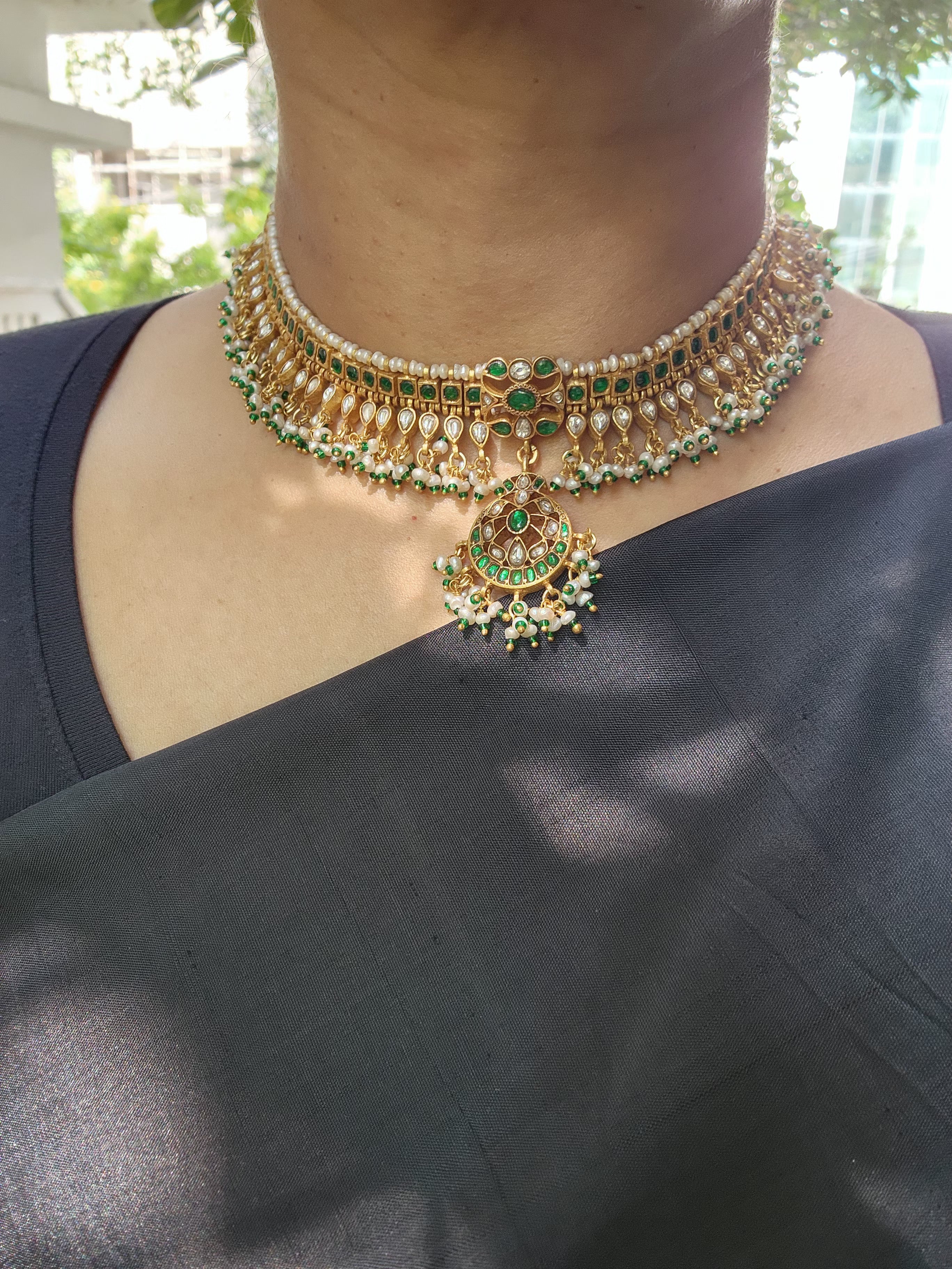 Gold polish kundan & emerald choker with pearls and green onyx beads-Silver Neckpiece-CI-House of Taamara