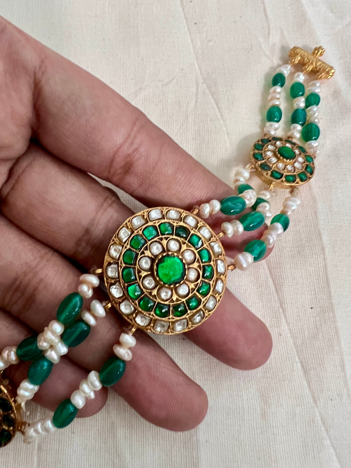 Gold polish kundan & emerald choker with pearls and green onyx beads-Silver Neckpiece-CI-House of Taamara