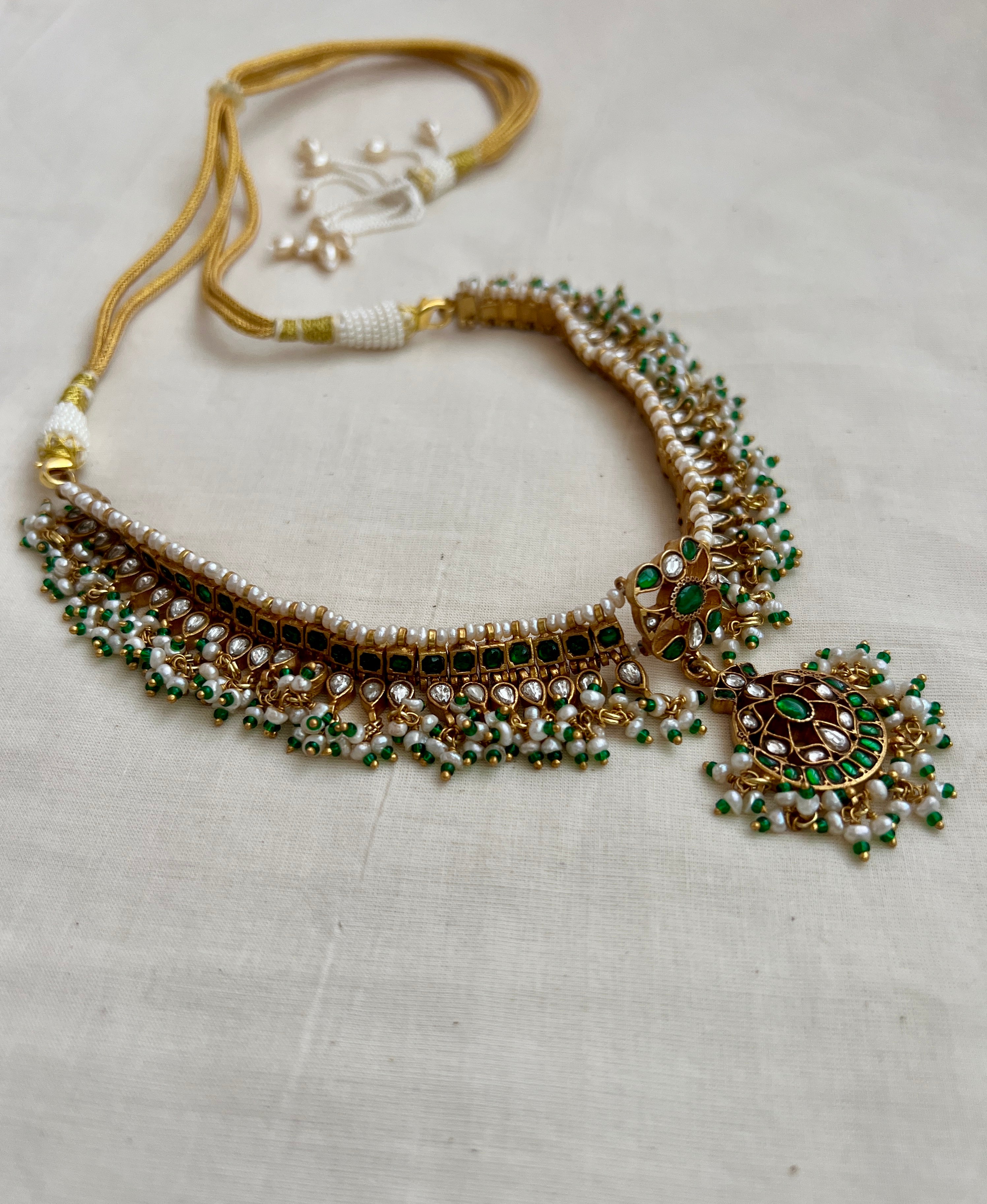Gold polish kundan & emerald choker with pearls and green onyx beads-Silver Neckpiece-CI-House of Taamara