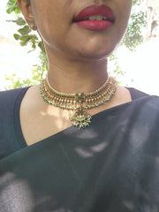 Gold polish kundan & emerald choker with pearls and green onyx beads-Silver Neckpiece-CI-House of Taamara