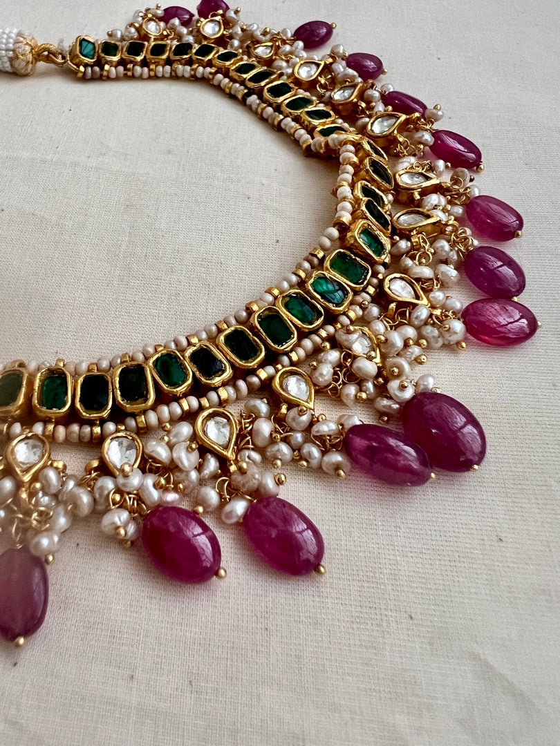 Gold polish kundan & emerald choker with pearls and ruby beads-Silver Neckpiece-CI-House of Taamara