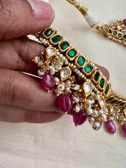 Gold polish kundan & emerald choker with pearls and ruby beads-Silver Neckpiece-CI-House of Taamara