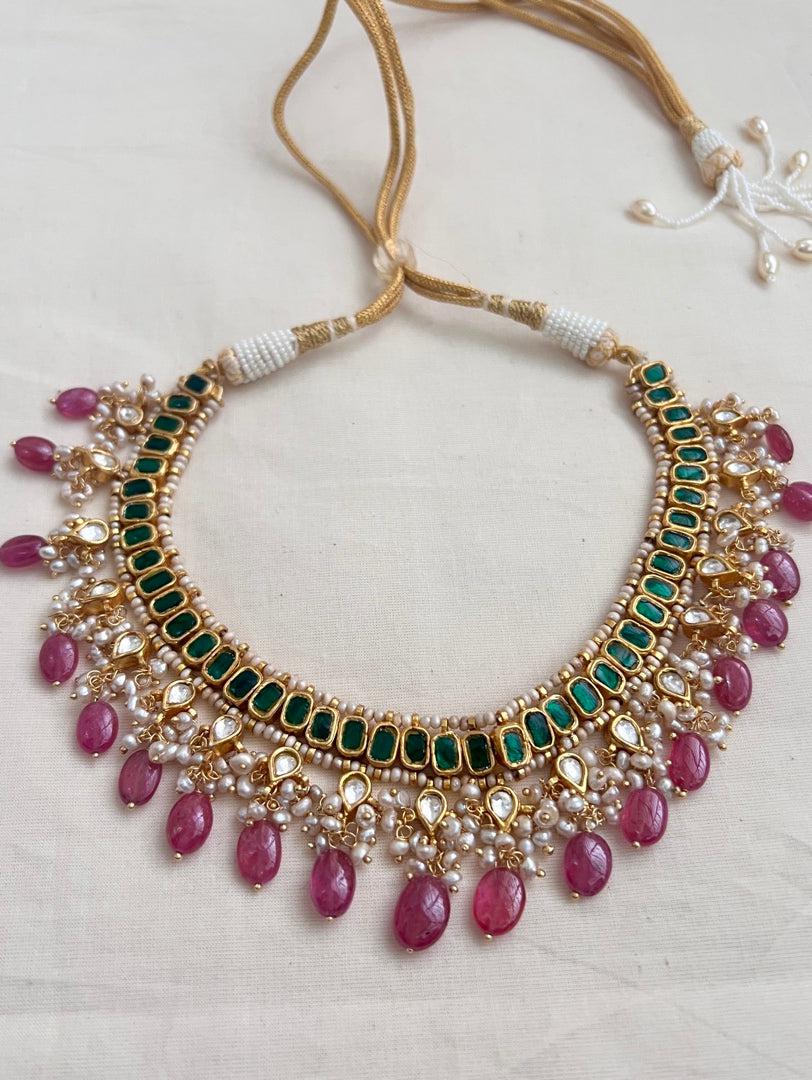 Gold polish kundan & emerald choker with pearls and ruby beads-Silver Neckpiece-CI-House of Taamara