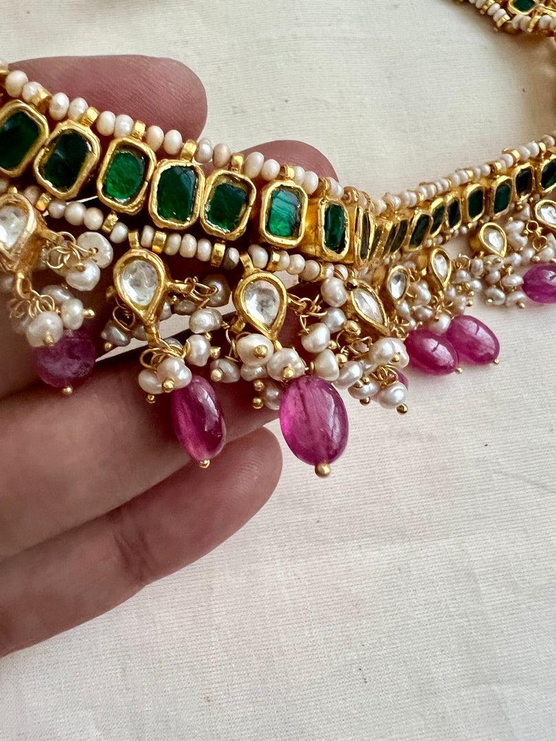 Gold polish kundan & emerald choker with pearls and ruby beads-Silver Neckpiece-CI-House of Taamara