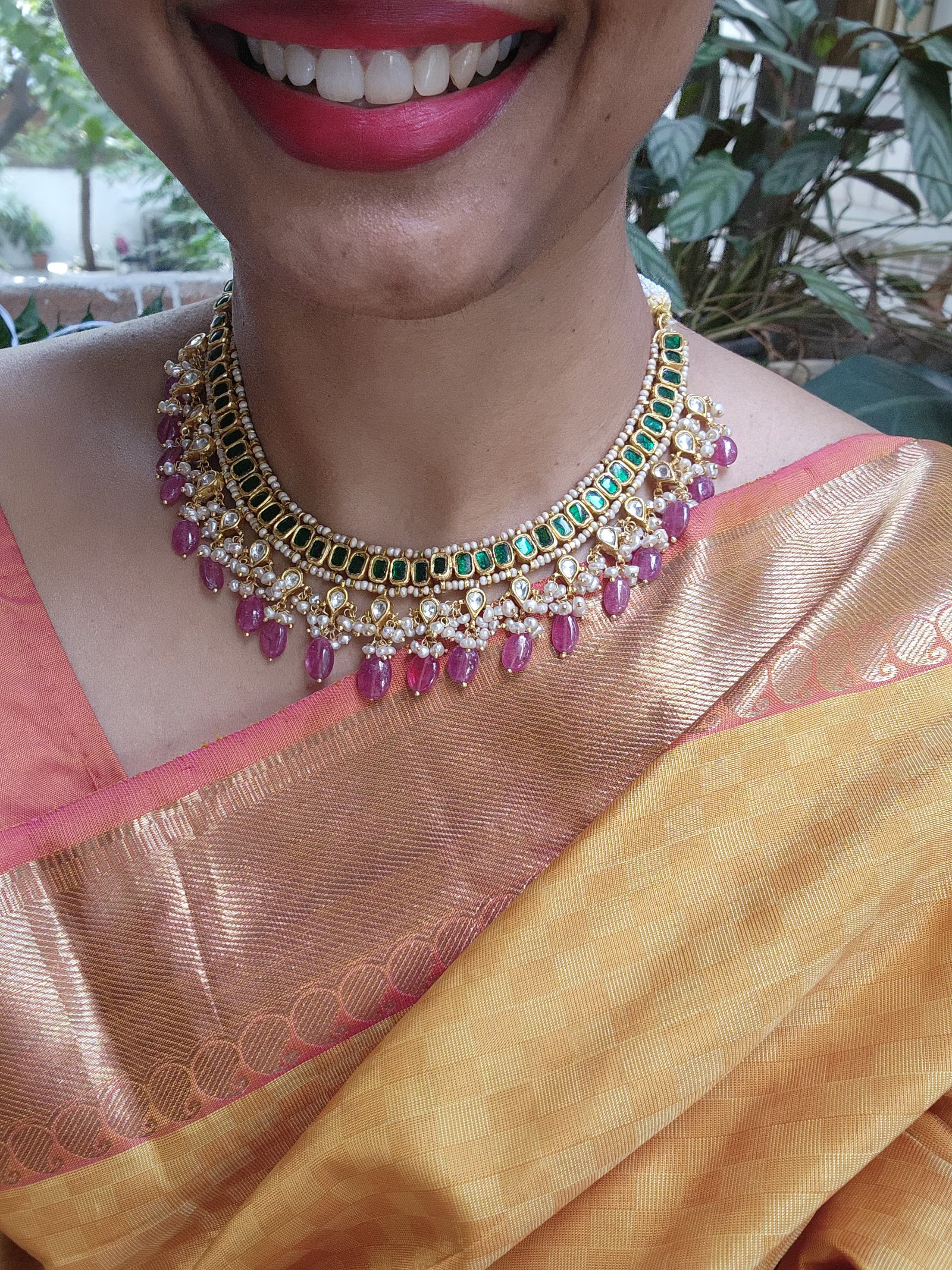 Gold polish kundan & emerald choker with pearls and ruby beads-Silver Neckpiece-CI-House of Taamara