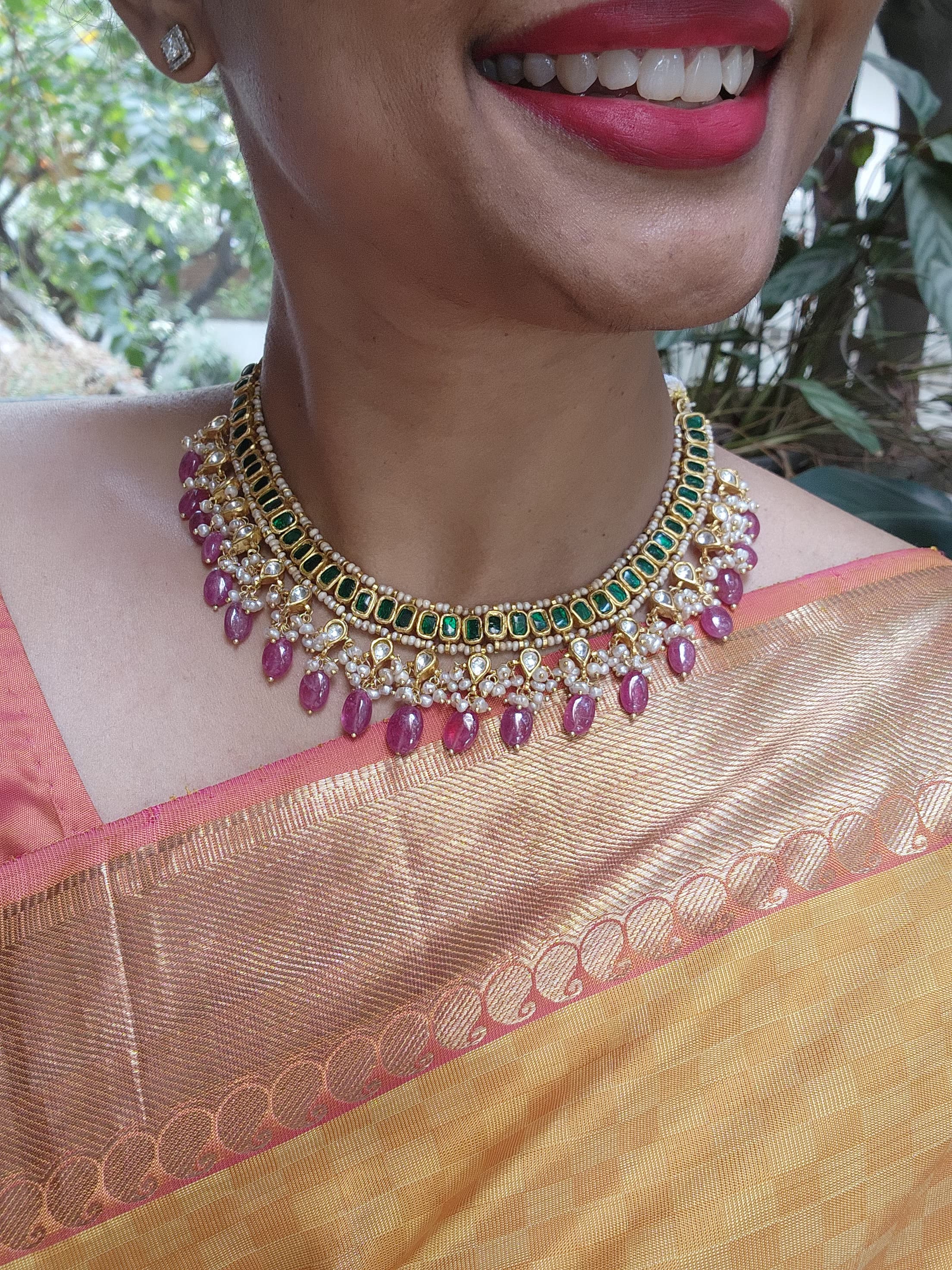 Gold polish kundan & emerald choker with pearls and ruby beads-Silver Neckpiece-CI-House of Taamara