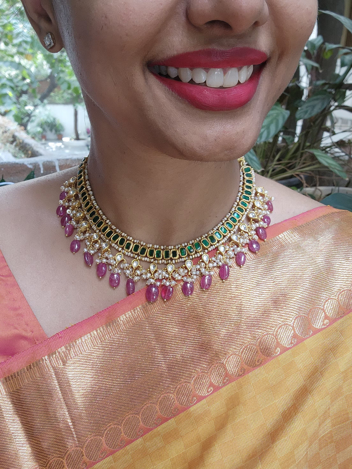 Gold polish kundan & emerald choker with pearls and ruby beads-Silver Neckpiece-CI-House of Taamara