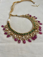 Gold polish kundan & emerald choker with pearls and ruby beads-Silver Neckpiece-CI-House of Taamara