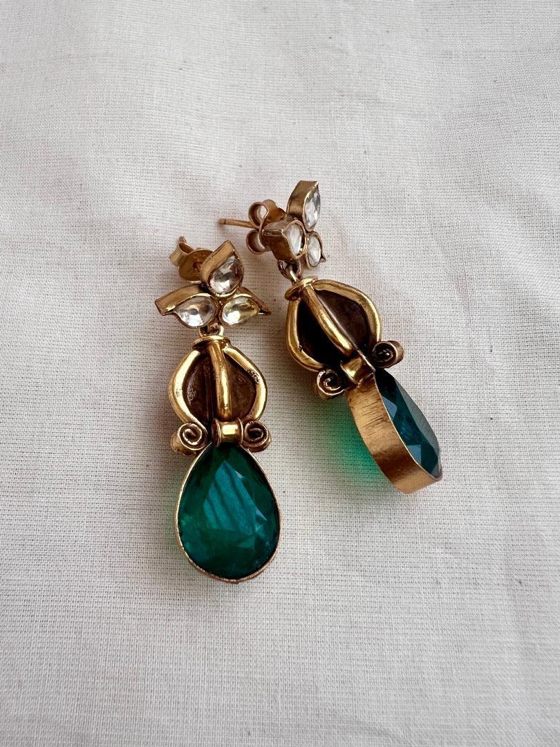 Gold polish kundan & emerald doublet earrings-Earrings-CI-House of Taamara