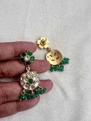 Gold polish kundan & emerald earrings with green onyx beads-Earrings-CI-House of Taamara