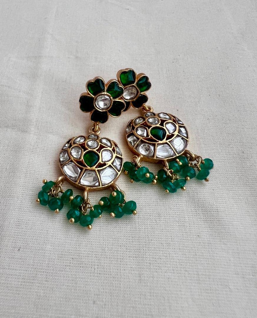 Gold polish kundan & emerald earrings with green onyx beads-Earrings-CI-House of Taamara