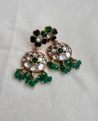Gold polish kundan & emerald earrings with green onyx beads-Earrings-CI-House of Taamara