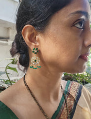Gold polish kundan & emerald earrings with green onyx beads-Earrings-CI-House of Taamara