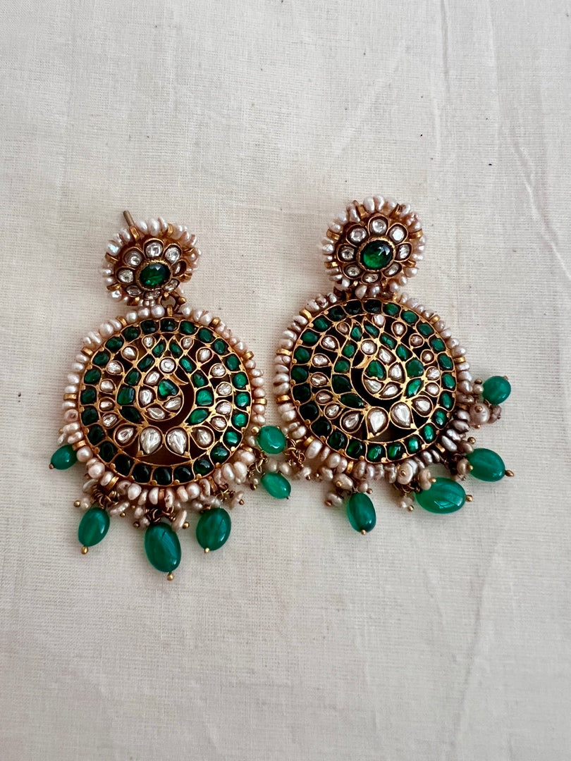 Gold polish kundan & emerald earrings with pearls and green onyx beads-Earrings-CI-House of Taamara