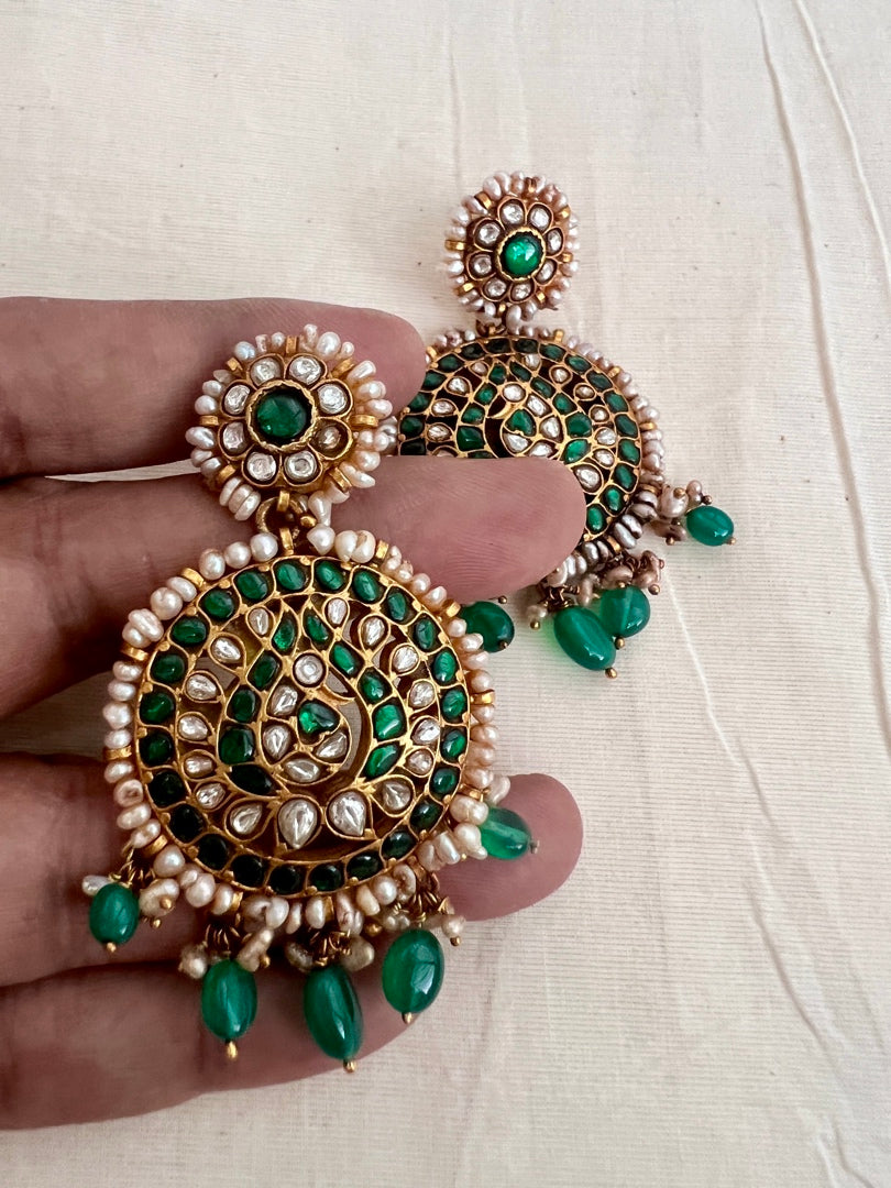 Gold polish kundan & emerald earrings with pearls and green onyx beads-Earrings-CI-House of Taamara