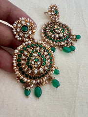 Gold polish kundan & emerald earrings with pearls and green onyx beads-Earrings-CI-House of Taamara