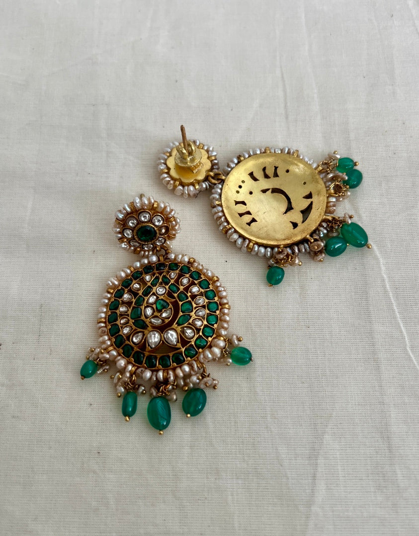 Gold polish kundan & emerald earrings with pearls and green onyx beads-Earrings-CI-House of Taamara