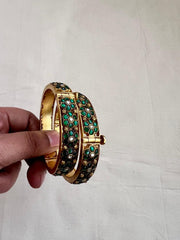 Gold polish kundan & emerald flower bangles, 2.3, PAIR-Silver Bracelet-CI-House of Taamara