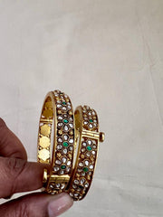 Gold polish kundan & emerald flower bangles, 2.3, PAIR-Silver Bracelet-CI-House of Taamara