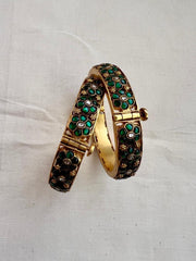 Gold polish kundan & emerald flower bangles, 2.3, PAIR-Silver Bracelet-CI-House of Taamara