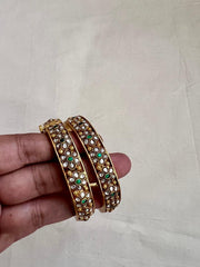 Gold polish kundan & emerald flower bangles, 2.3, PAIR-Silver Bracelet-CI-House of Taamara