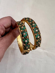 Gold polish kundan & emerald flower bangles, 2.3, PAIR-Silver Bracelet-CI-House of Taamara