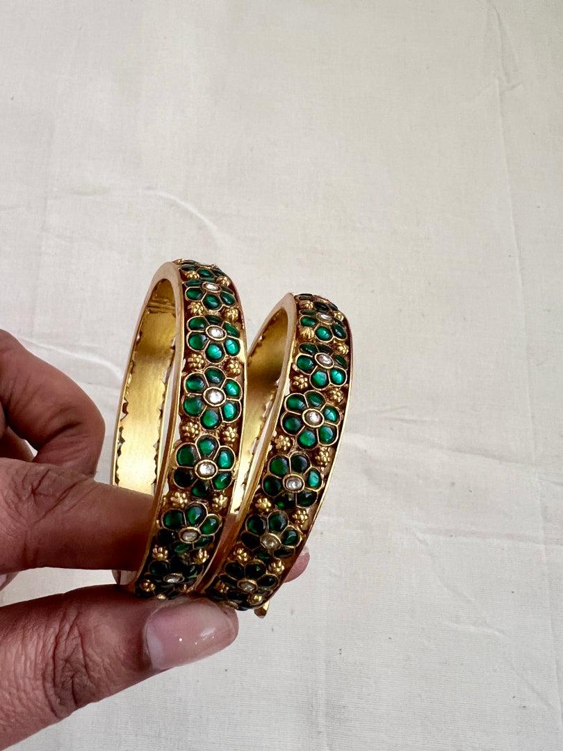 Gold polish kundan & emerald flower bangles, 2.3, PAIR-Silver Bracelet-CI-House of Taamara