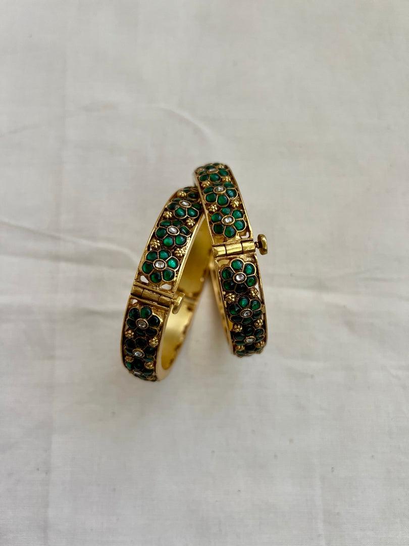 Gold polish kundan & emerald flower bangles, 2.3, PAIR-Silver Bracelet-CI-House of Taamara