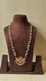 Gold polish kundan & emerald gandaberunda pendant with jade, amethyst & pearls bead chain-Silver Neckpiece-CI-House of Taamara