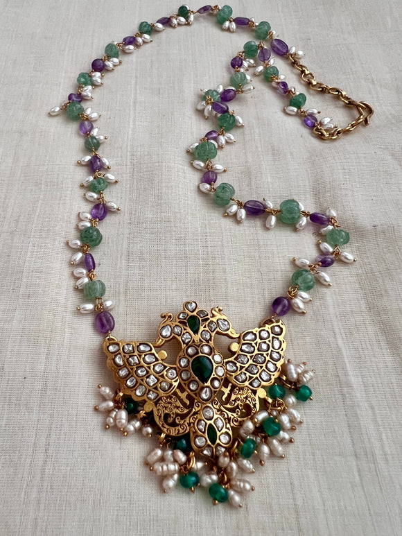 Gold polish kundan & emerald gandaberunda pendant with jade, amethyst & pearls bead chain-Silver Neckpiece-CI-House of Taamara