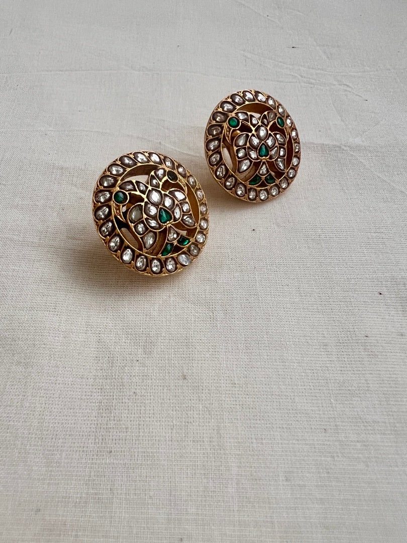 Gold polish kundan & emerald gandaberunda studs-Earrings-CI-House of Taamara