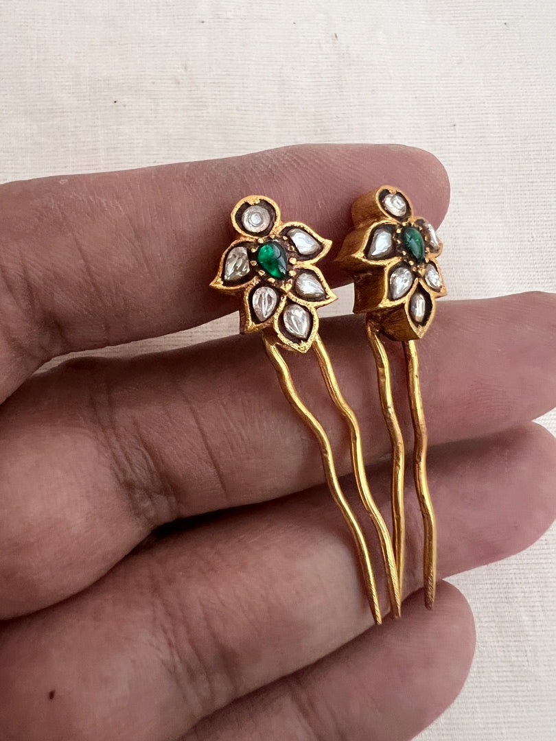 Gold polish kundan & emerald hair pins-Silver Neckpiece-CI-House of Taamara