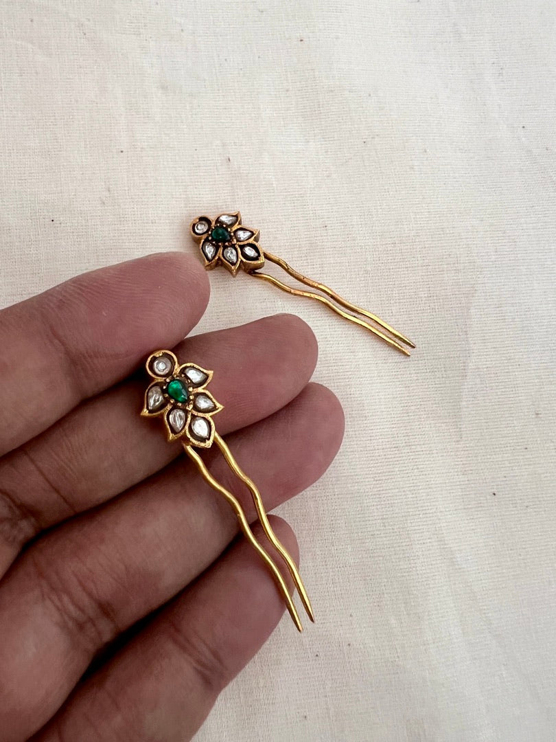 Gold polish kundan & emerald hair pins-Silver Neckpiece-CI-House of Taamara