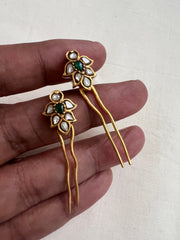 Gold polish kundan & emerald hair pins-Silver Neckpiece-CI-House of Taamara