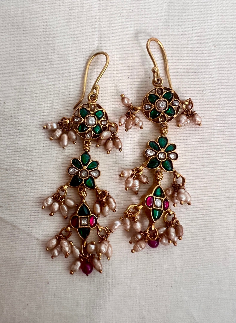 Gold polish kundan & emerald hangings with pearls-Earrings-CI-House of Taamara