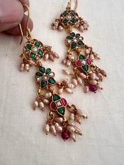 Gold polish kundan & emerald hangings with pearls-Earrings-CI-House of Taamara