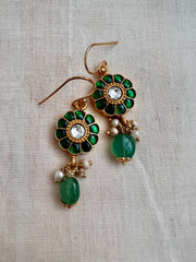 Gold polish kundan & emerald hook earrings with pearls-Earrings-CI-House of Taamara