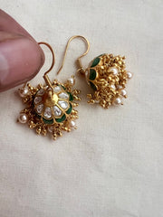 Gold polish kundan & emerald hook jhumkas with pearls-Earrings-CI-House of Taamara
