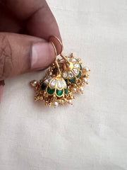 Gold polish kundan & emerald hook jhumkas with pearls-Earrings-CI-House of Taamara