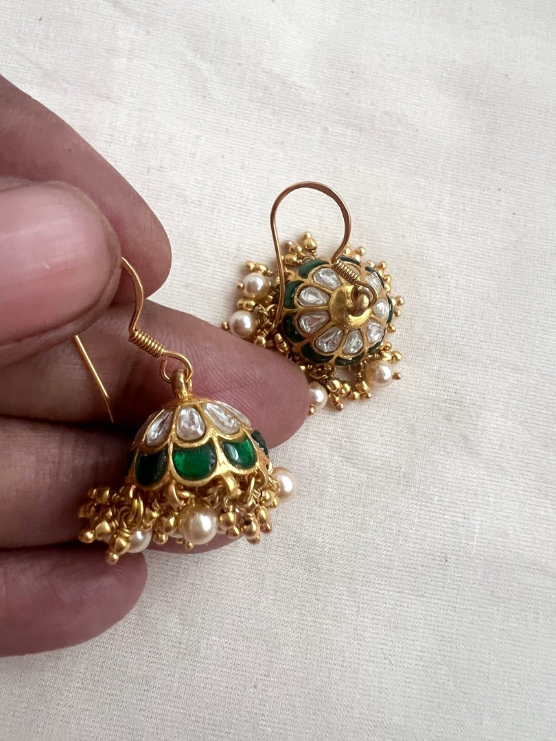 Gold polish kundan & emerald hook jhumkas with pearls-Earrings-CI-House of Taamara