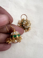 Gold polish kundan & emerald hook jhumkas with pearls-Earrings-CI-House of Taamara