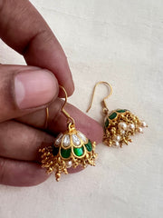 Gold polish kundan & emerald hook jhumkas with pearls-Earrings-CI-House of Taamara