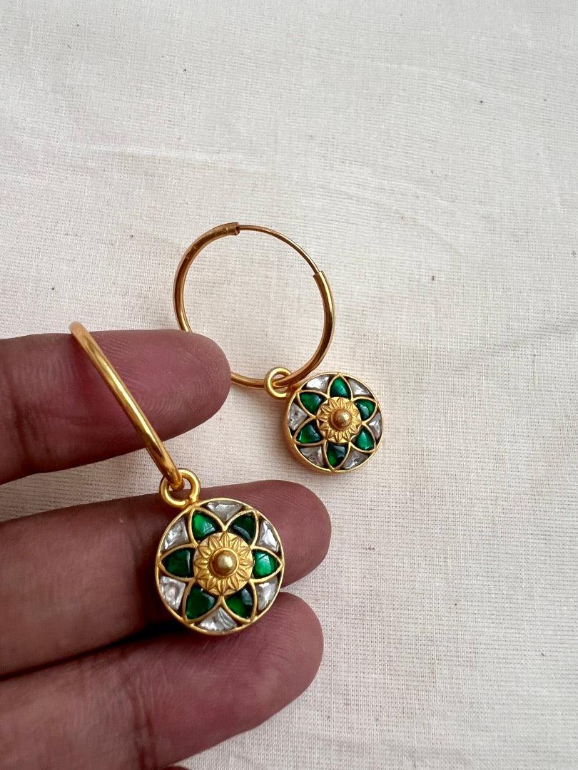 Gold polish kundan & emerald hoop earrings-Earrings-CI-House of Taamara