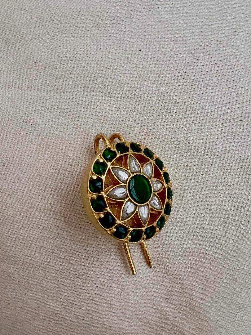 Gold polish kundan & emerald jade billa clip-Silver Neckpiece-CI-House of Taamara