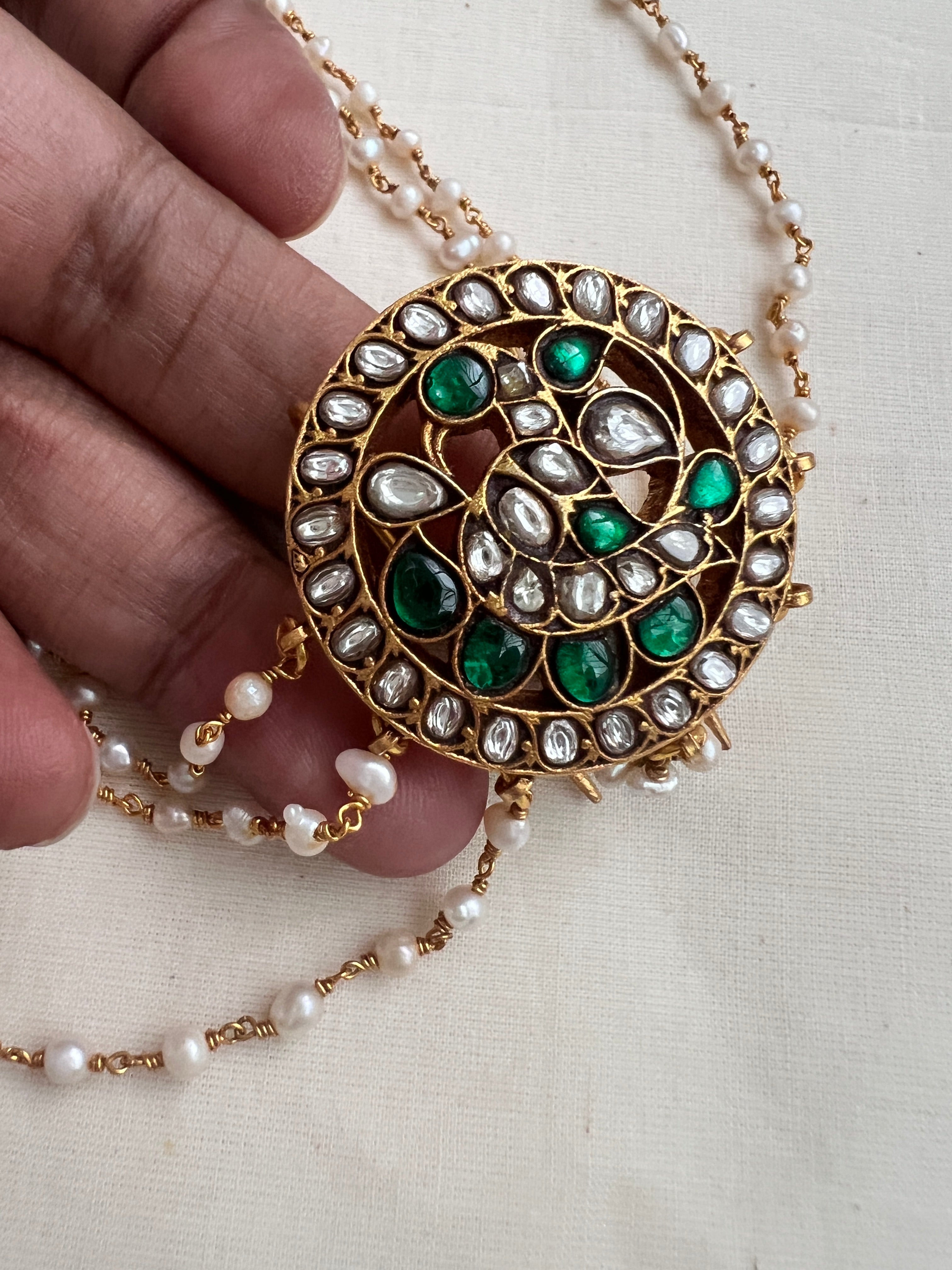 Gold polish kundan & emerald jade billa with mattil-Silver Neckpiece-CI-House of Taamara