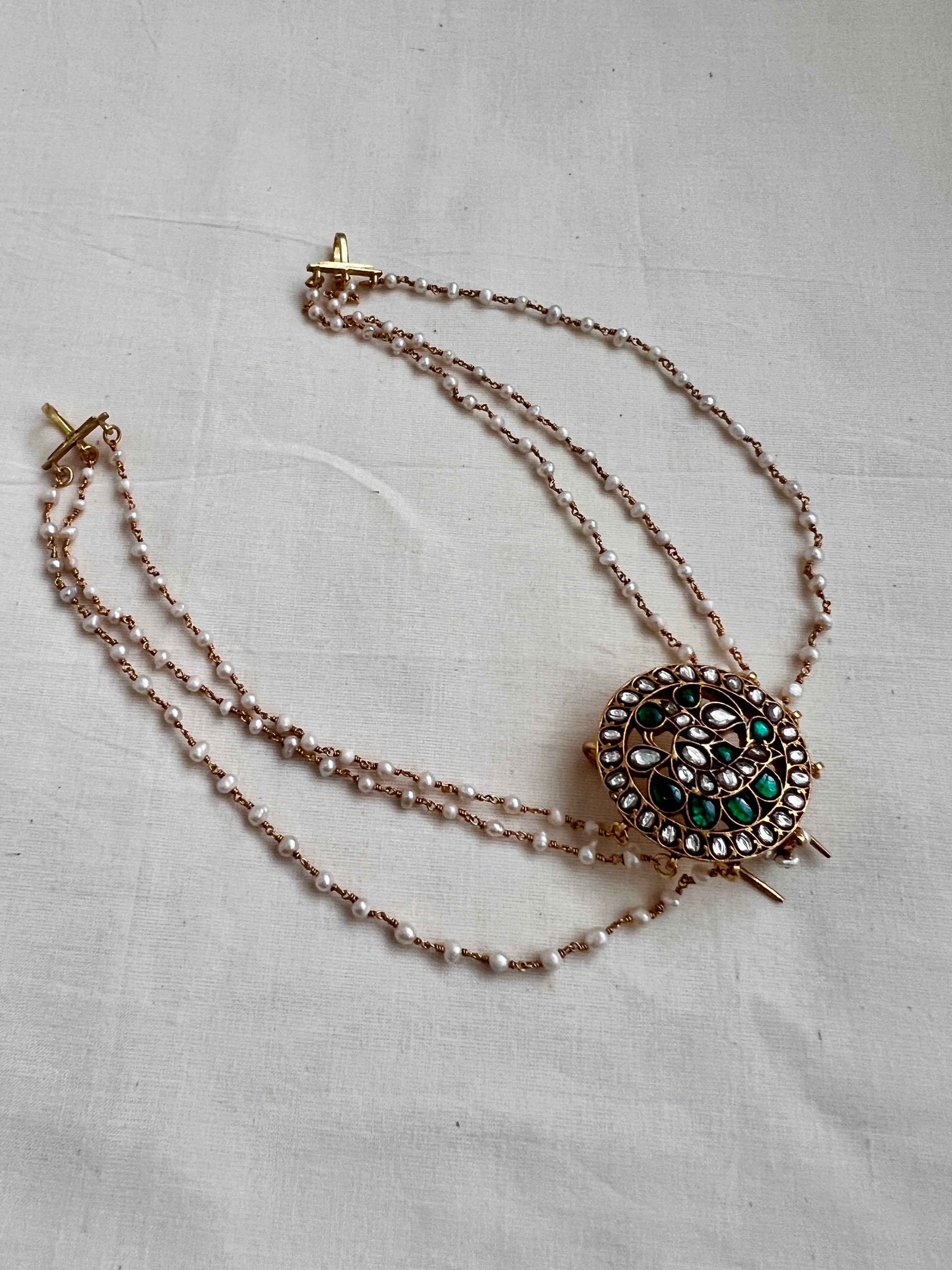 Gold polish kundan & emerald jade billa with mattil-Silver Neckpiece-CI-House of Taamara