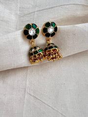 Gold polish kundan & emerald jhumkas with gold beads-Earrings-CI-House of Taamara