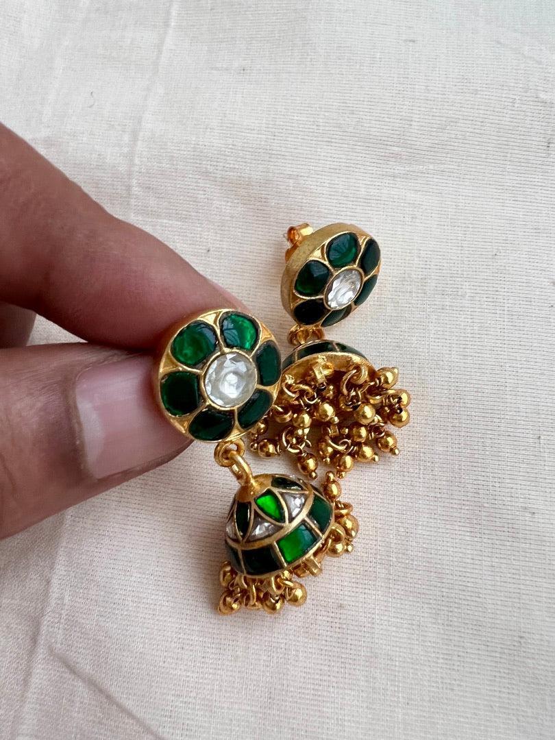 Gold polish kundan & emerald jhumkas with gold beads-Earrings-CI-House of Taamara